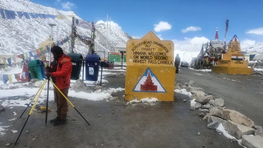 BTPL surveyor setting up GNSS at Chang La pass, Ladakh at 17,688 ft